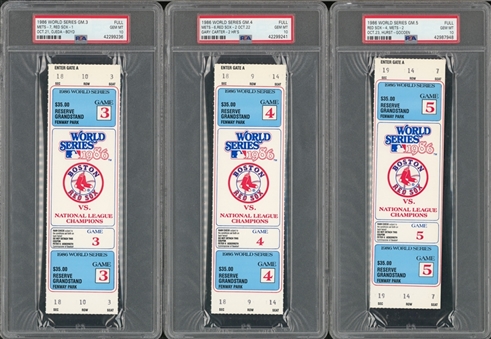 Lot of (3) 1986 World Series Full Tickets For Boston Red Sox Home Games 3, 4 & 5 (PSA GEM MT 10)